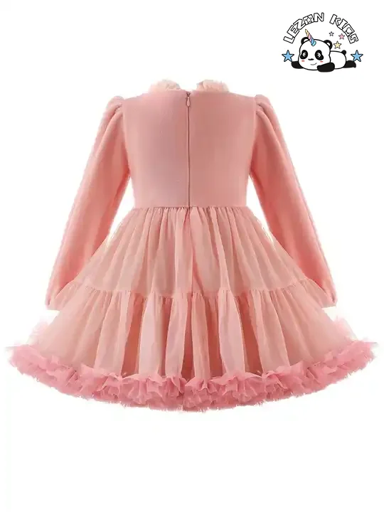 LEZONKIDS - Elegant Washable Pink Dress Long Sleeve Tulle Dress for Girls
